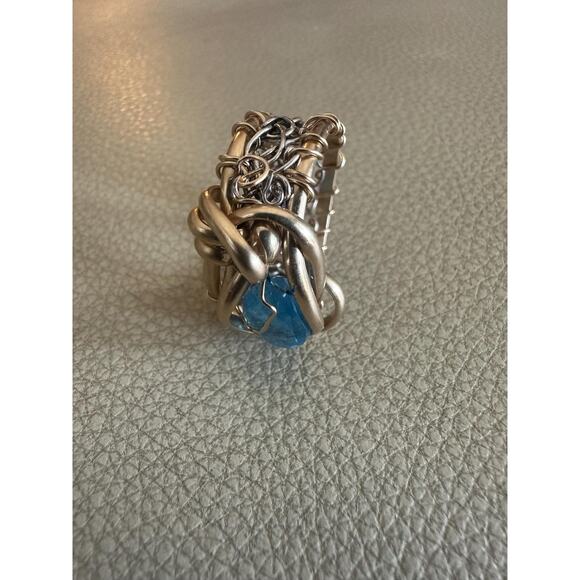 14k Gold Fill Wire Ring with Blue Agate stone Crochet Band Fine Silver Size 8 - Picture 1 of 5